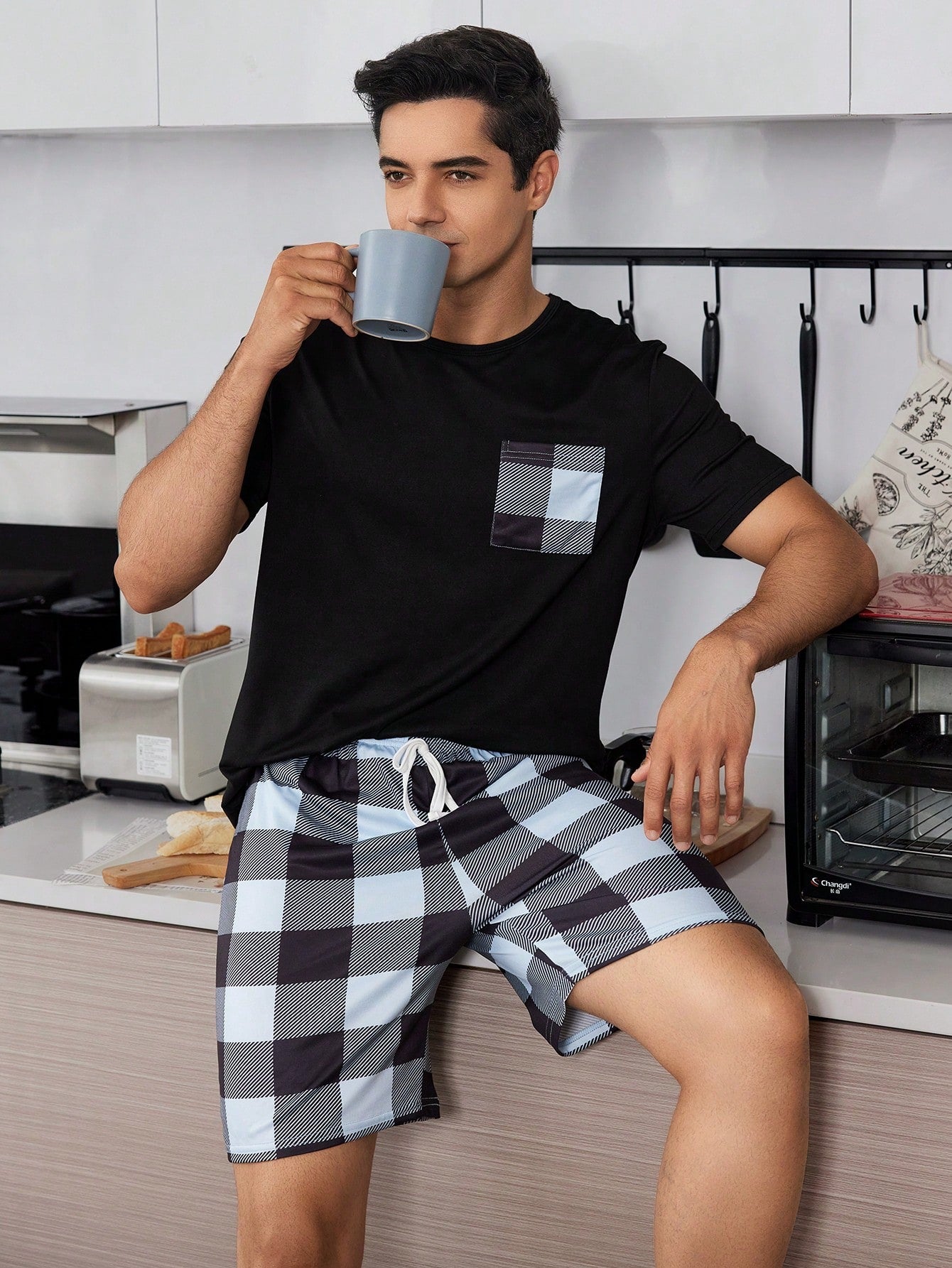 Geruite print Heren Korte mouwen En Shorts Huiskleding Sets