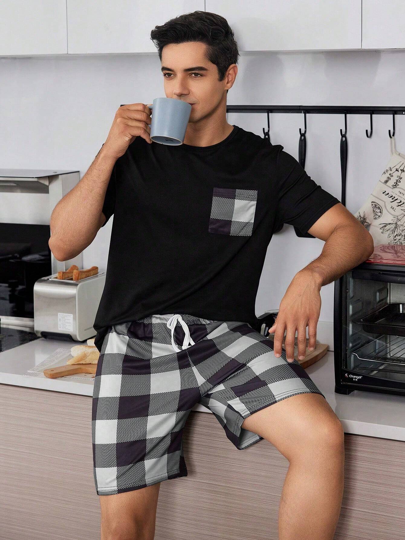 Geruite print Heren Korte mouwen En Shorts Huiskleding Sets