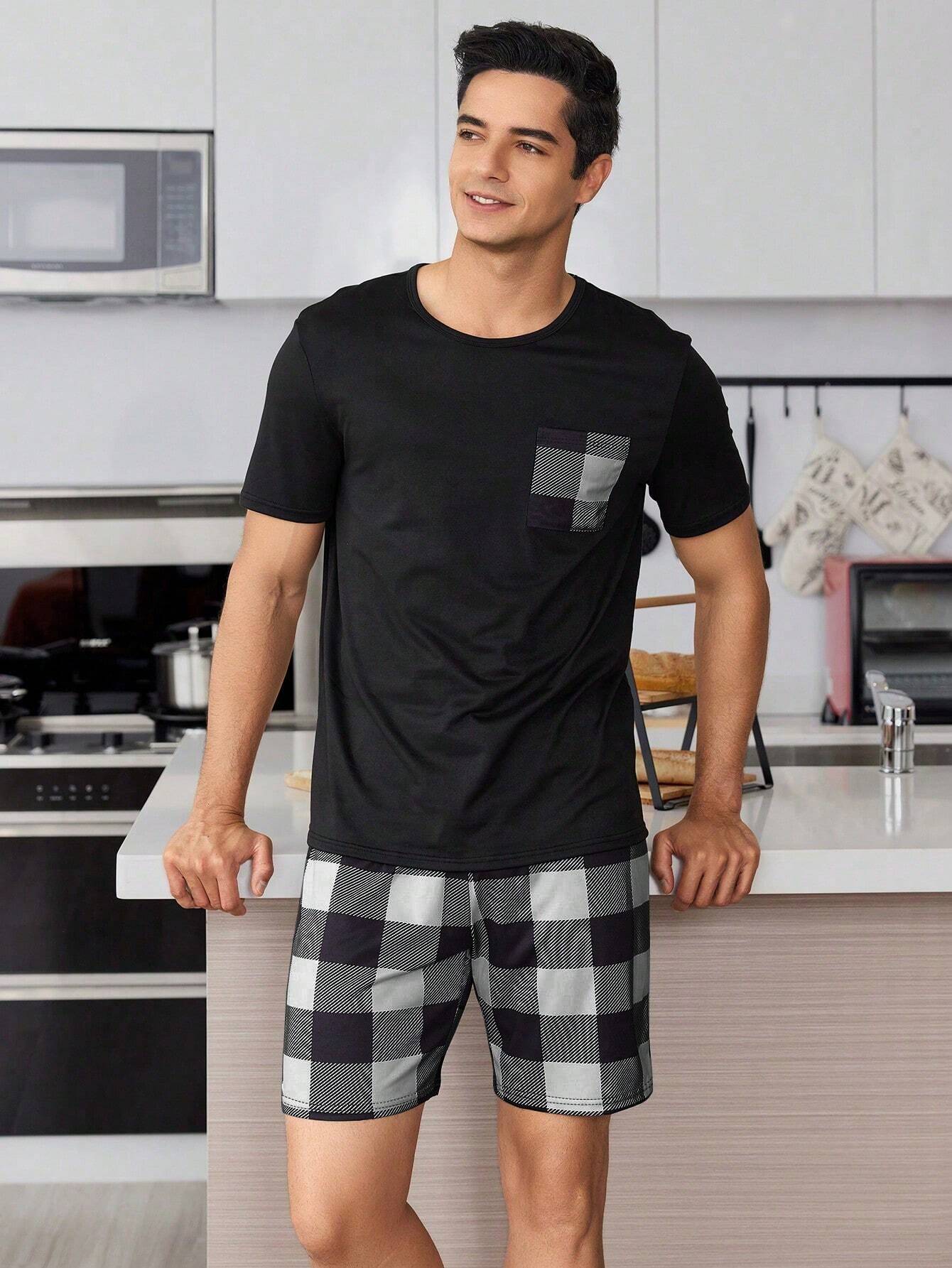 Geruite print Heren Korte mouwen En Shorts Huiskleding Sets