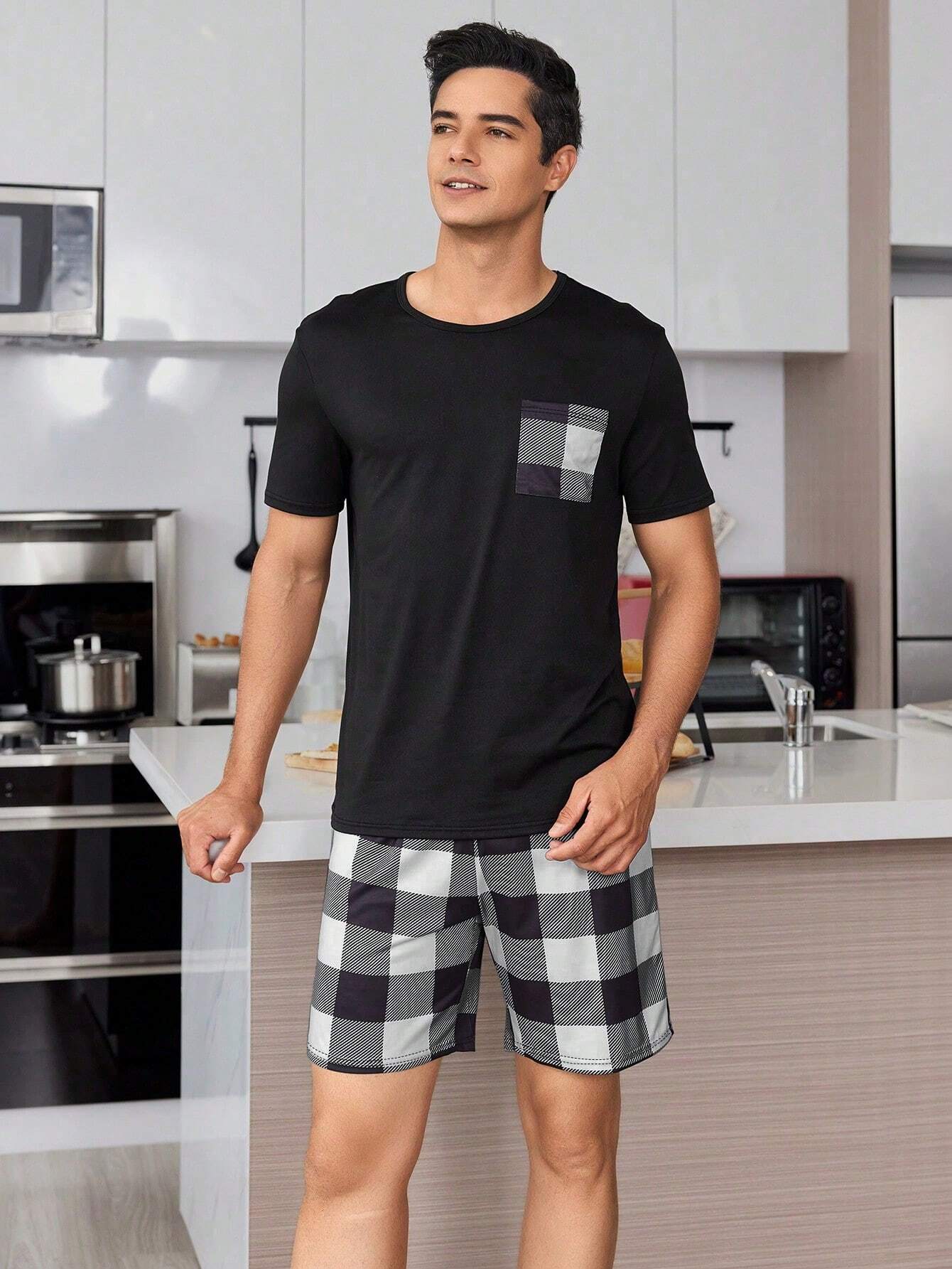 Geruite print Heren Korte mouwen En Shorts Huiskleding Sets