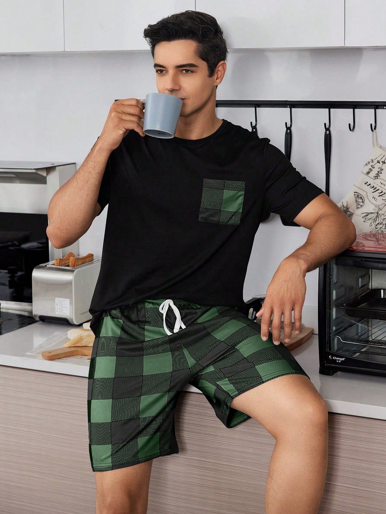 Geruite print Heren Korte mouwen En Shorts Huiskleding Sets