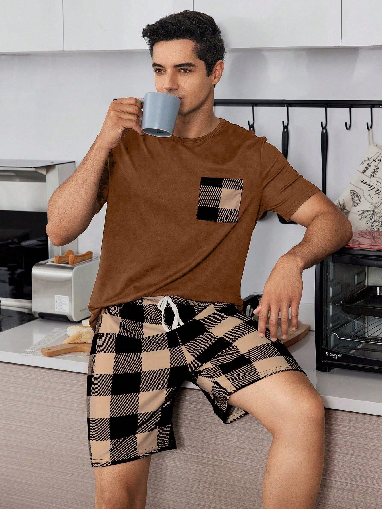Geruite print Heren Korte mouwen En Shorts Huiskleding Sets