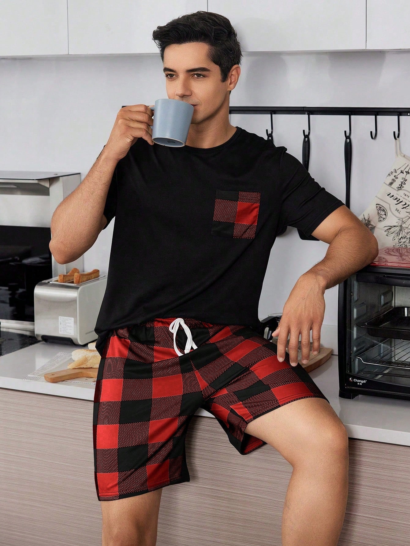 Geruite print Heren Korte mouwen En Shorts Huiskleding Sets