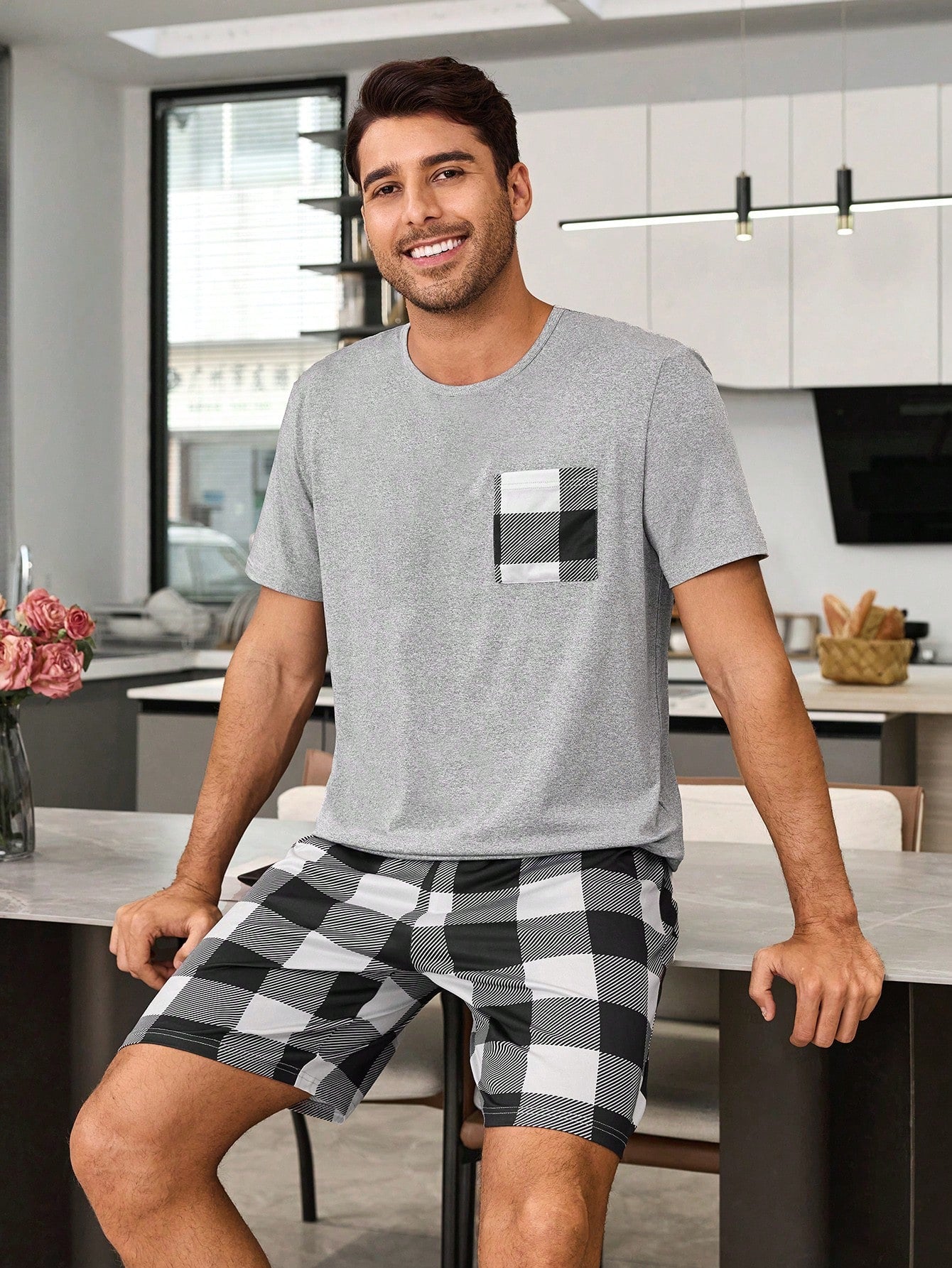 Geruite print Heren Korte mouwen En Shorts Huiskleding Sets