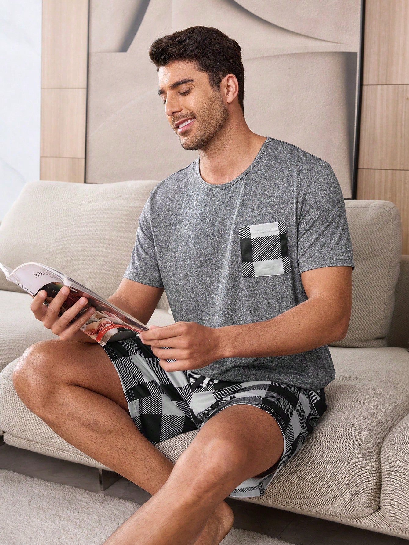 Geruite print Heren Korte mouwen En Shorts Huiskleding Sets