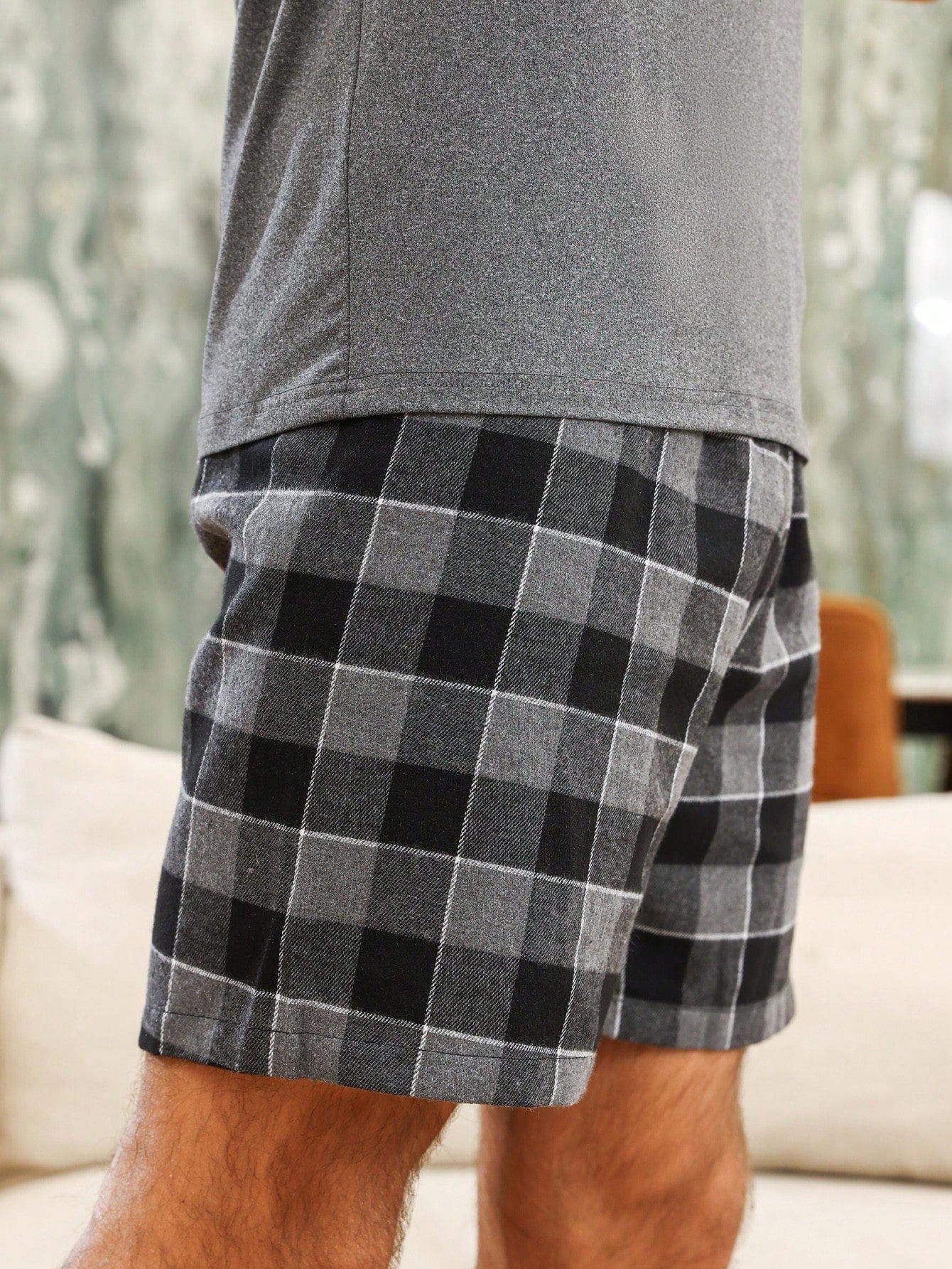 Heren geruite print gepatchte zak PJ-set / pyjamaset