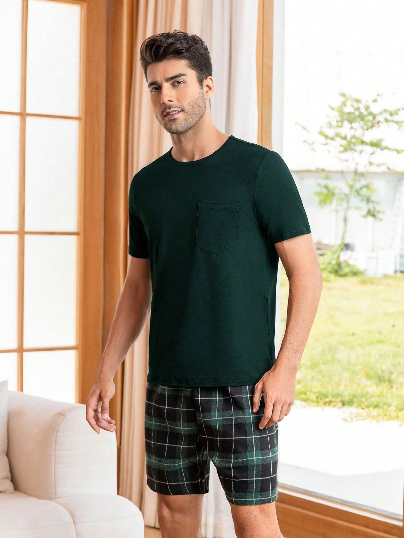 Heren geruite print gepatchte zak PJ-set / pyjamaset
