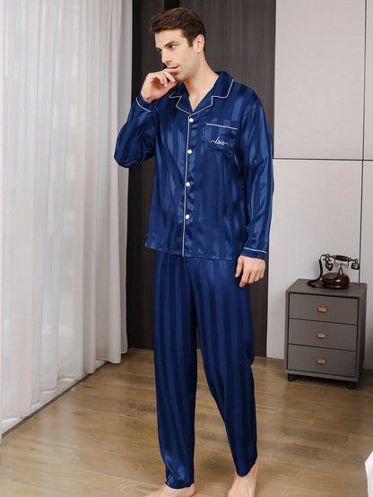 Tweedelige sets Heren Satijnen Pyjama Set Lange Broek Zijden Slaapjas Knoop Stijl Lange Mouw Cardigan Gestreepte Letter Borduurwerk Top Thuis Kleding Voor Lente En Herfst Loungewear