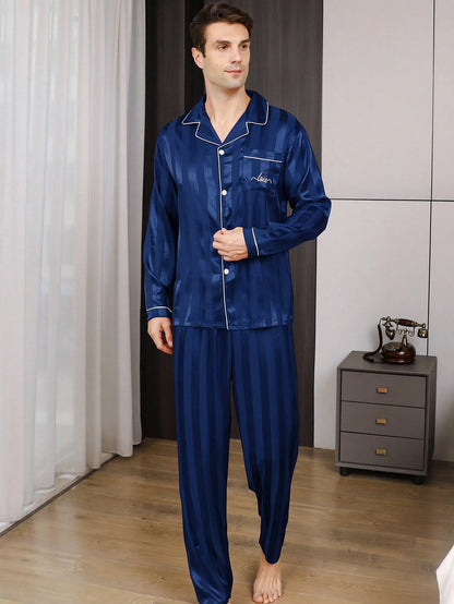Tweedelige sets Heren Satijnen Pyjama Set Lange Broek Zijden Slaapjas Knoop Stijl Lange Mouw Cardigan Gestreepte Letter Borduurwerk Top Thuis Kleding Voor Lente En Herfst Loungewear