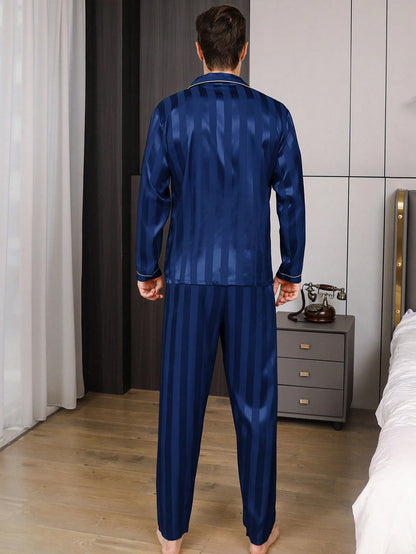 Tweedelige sets Heren Satijnen Pyjama Set Lange Broek Zijden Slaapjas Knoop Stijl Lange Mouw Cardigan Gestreepte Letter Borduurwerk Top Thuis Kleding Voor Lente En Herfst Loungewear