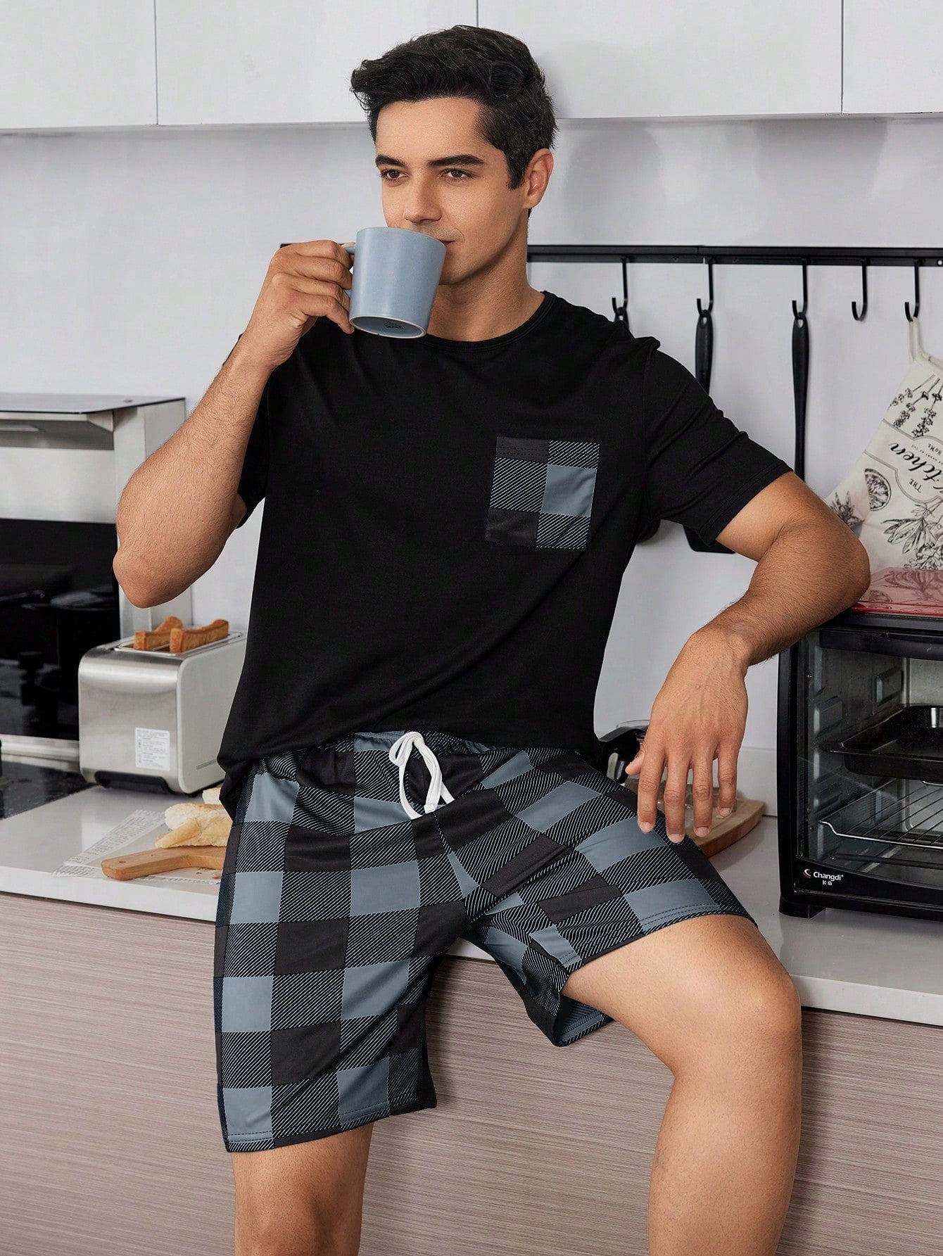 Geruite print Heren Korte mouwen En Shorts Huiskleding Sets