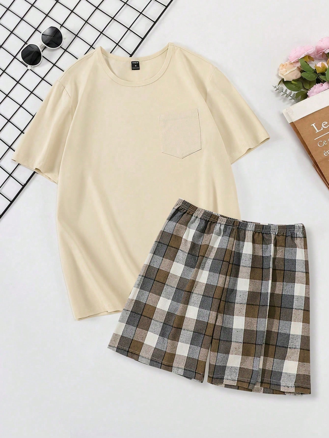 Heren geruite print gepatchte zak PJ-set / pyjamaset